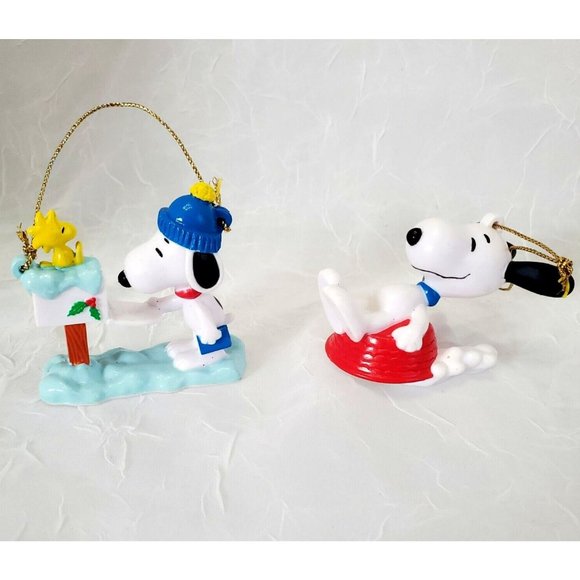 Lot of 2 Peanuts UFS Snoopy Woodstock Christmas Ornaments post box dog dish sled - Picture 1 of 12